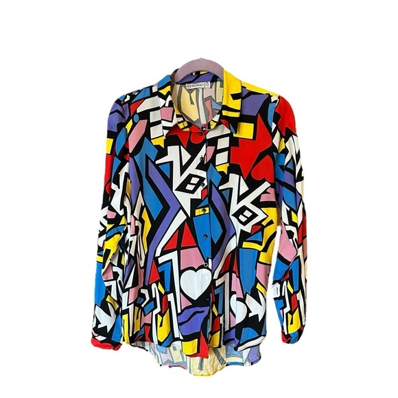 BIG DART Multicolor Pop Art Geometric Button Up Long Sleeve Top sz 12 UK/ US  M - Picture 2 of 9